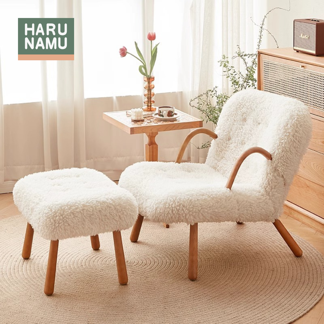REIA Solid Wood Bouclé Accent Chair with Ottoman