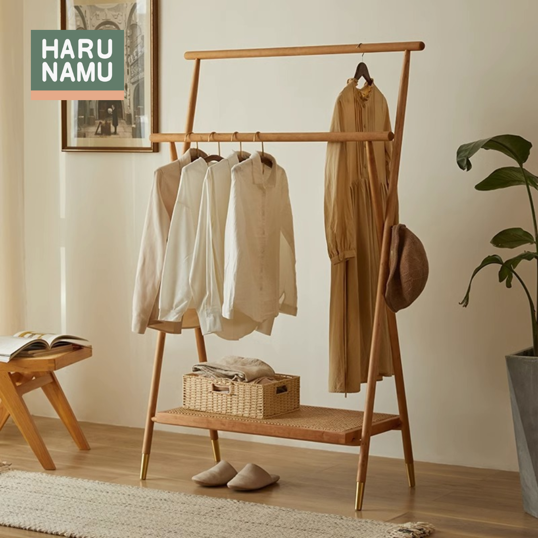 KOUJI Dual Height Solid Wood Foldable Clothes Rack