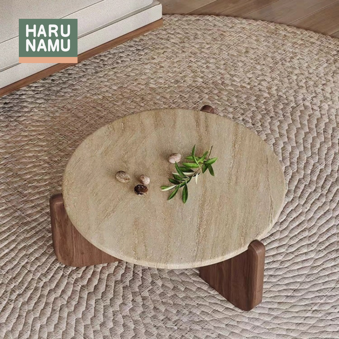 AKITO Round Solid Wood Travertine Coffee Table