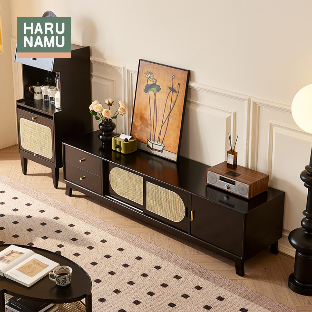 MIREI Ebony Black Solid Wood Rattan TV Console