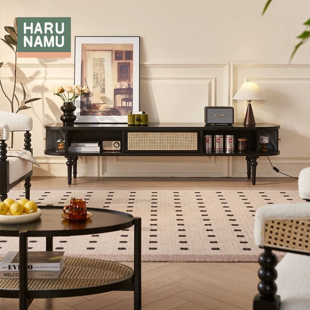 NAGOMI Ebony Black Rattan Solid Wood TV Console