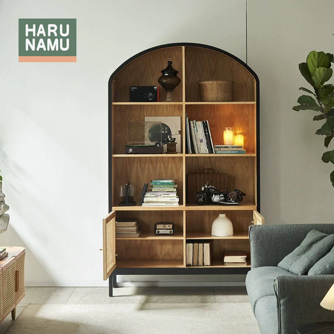 KAZUHIRO Ebony Black Rattan Solid Wood Bookshelf