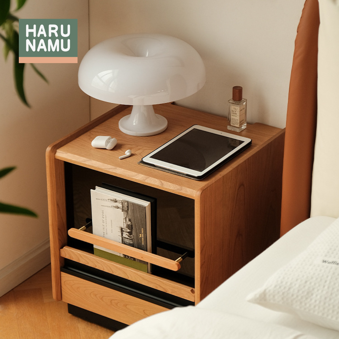 YASUSHI Solid Wood Tinted Glass Bedside Cabinet