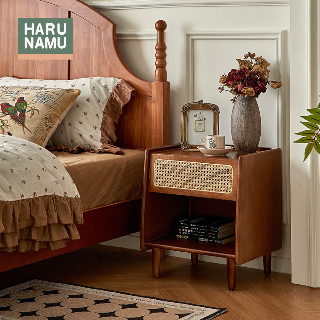 MAHIRO Solid Wood Rattan Nightstand