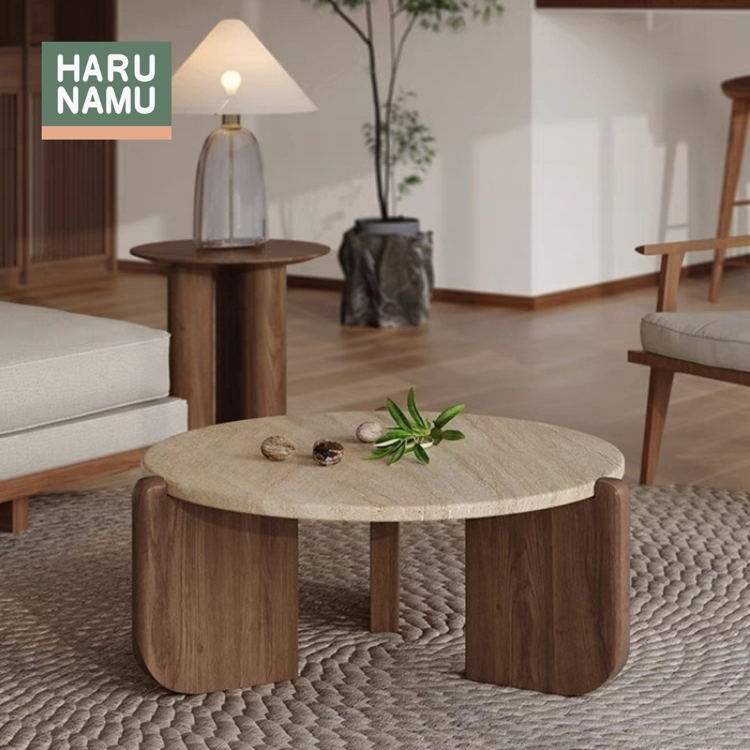 AKITO Round Solid Wood Travertine Coffee Table