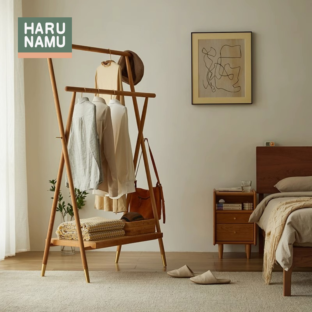 KOUJI Dual Height Solid Wood Foldable Clothes Rack