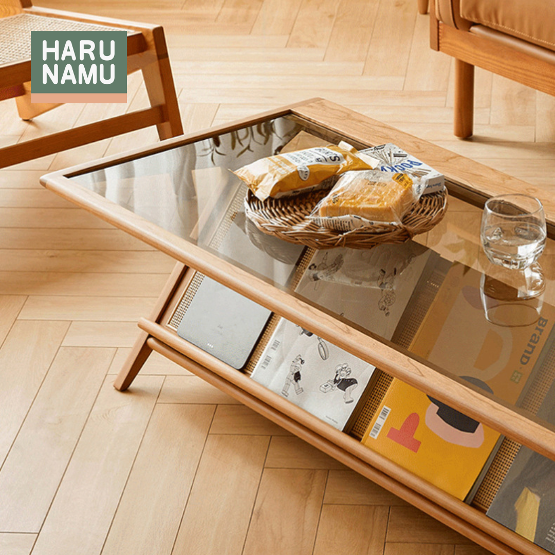 MAMIKO Solid Wood Glass Coffee Table