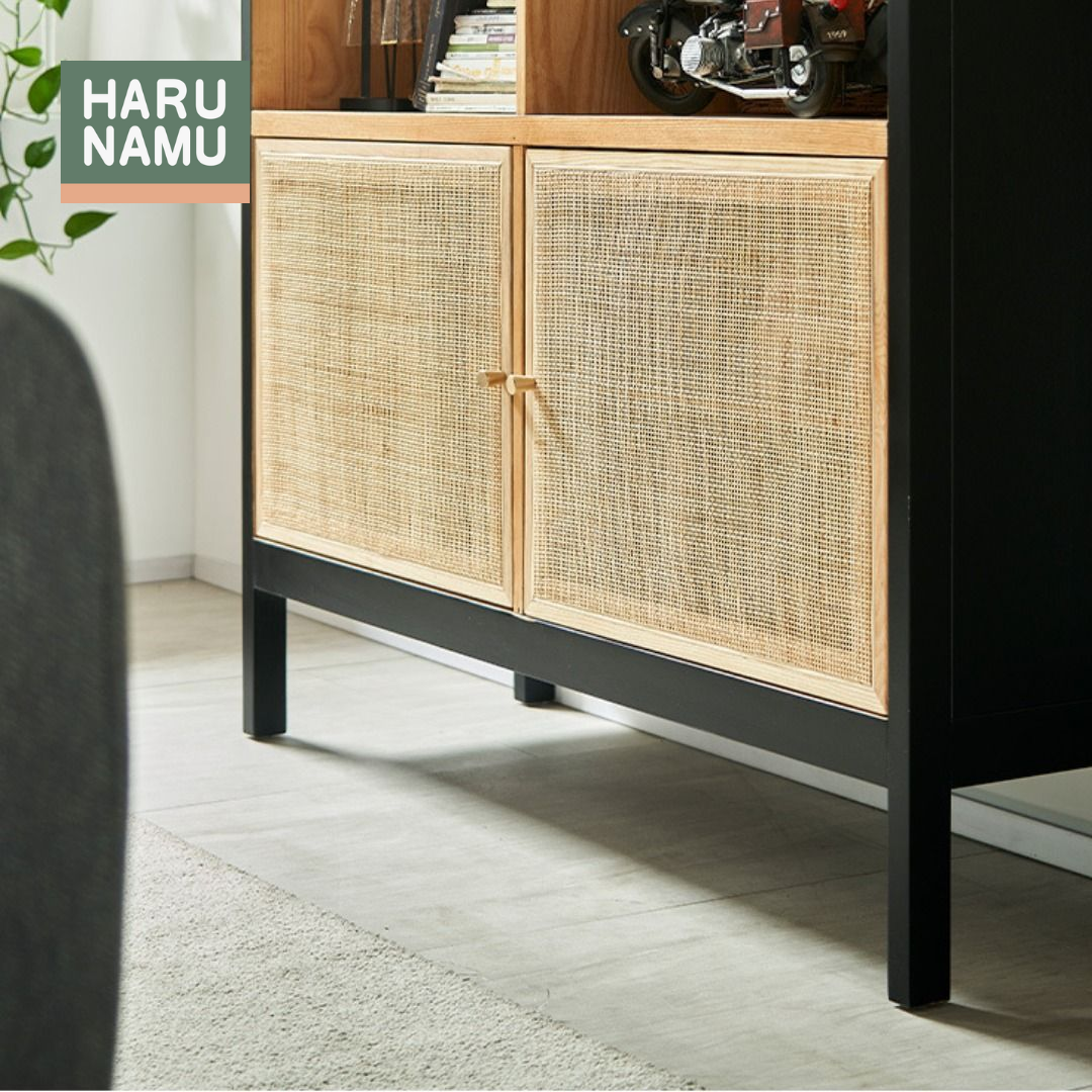 KAZUHIRO Ebony Black Rattan Solid Wood Bookshelf