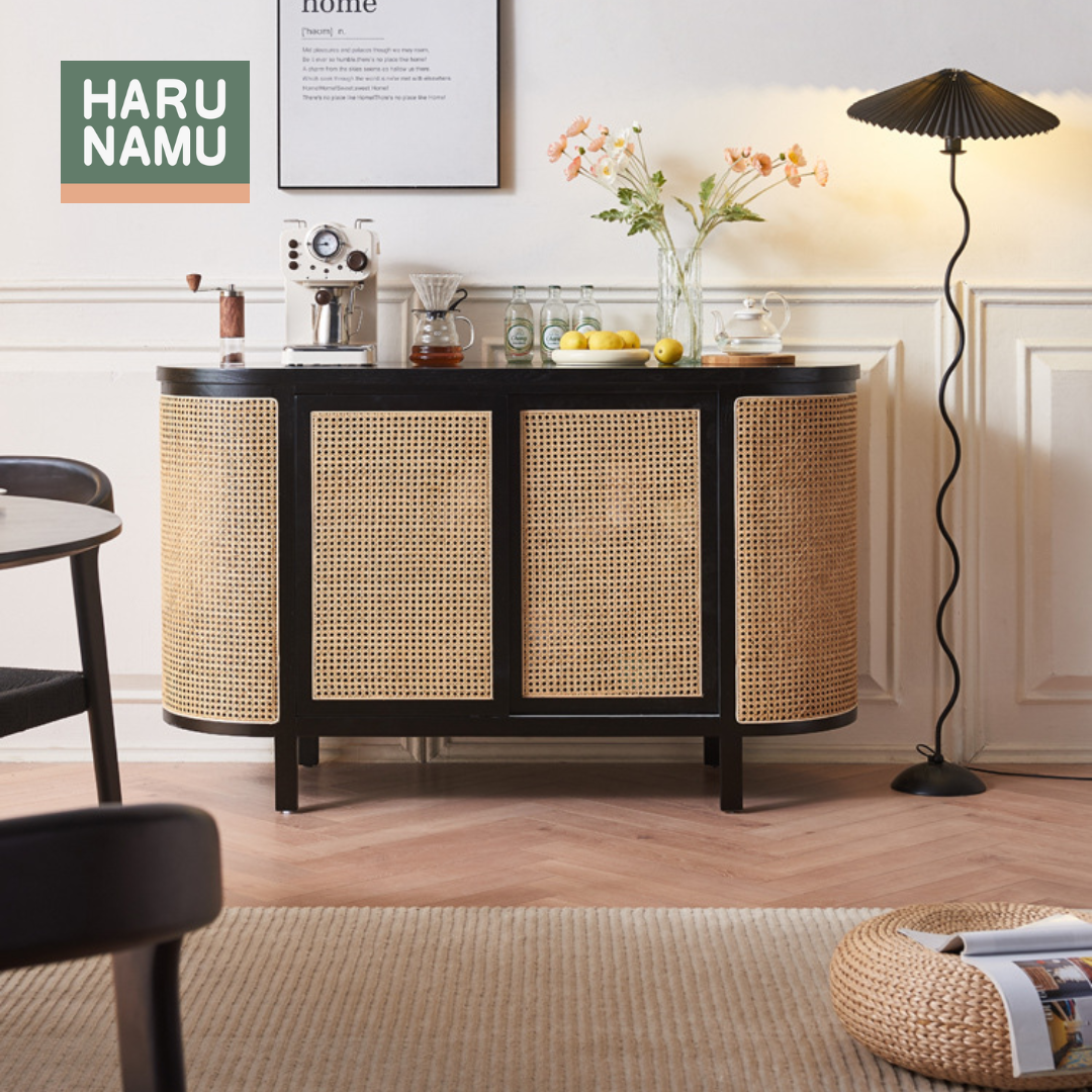 RENJI Ebony Black Rattan Solid Wood Sideboard