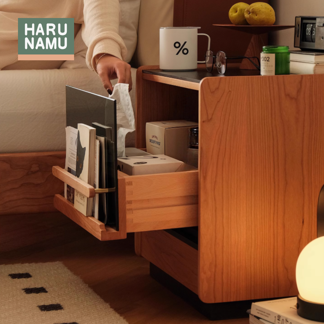 YASUSHI Solid Wood Tinted Glass Bedside Cabinet