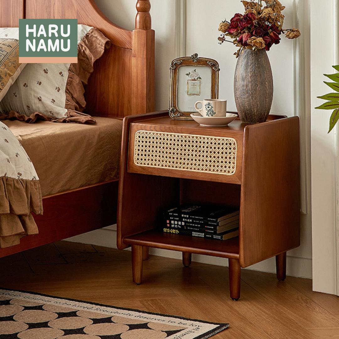 MAHIRO Solid Wood Rattan Nightstand