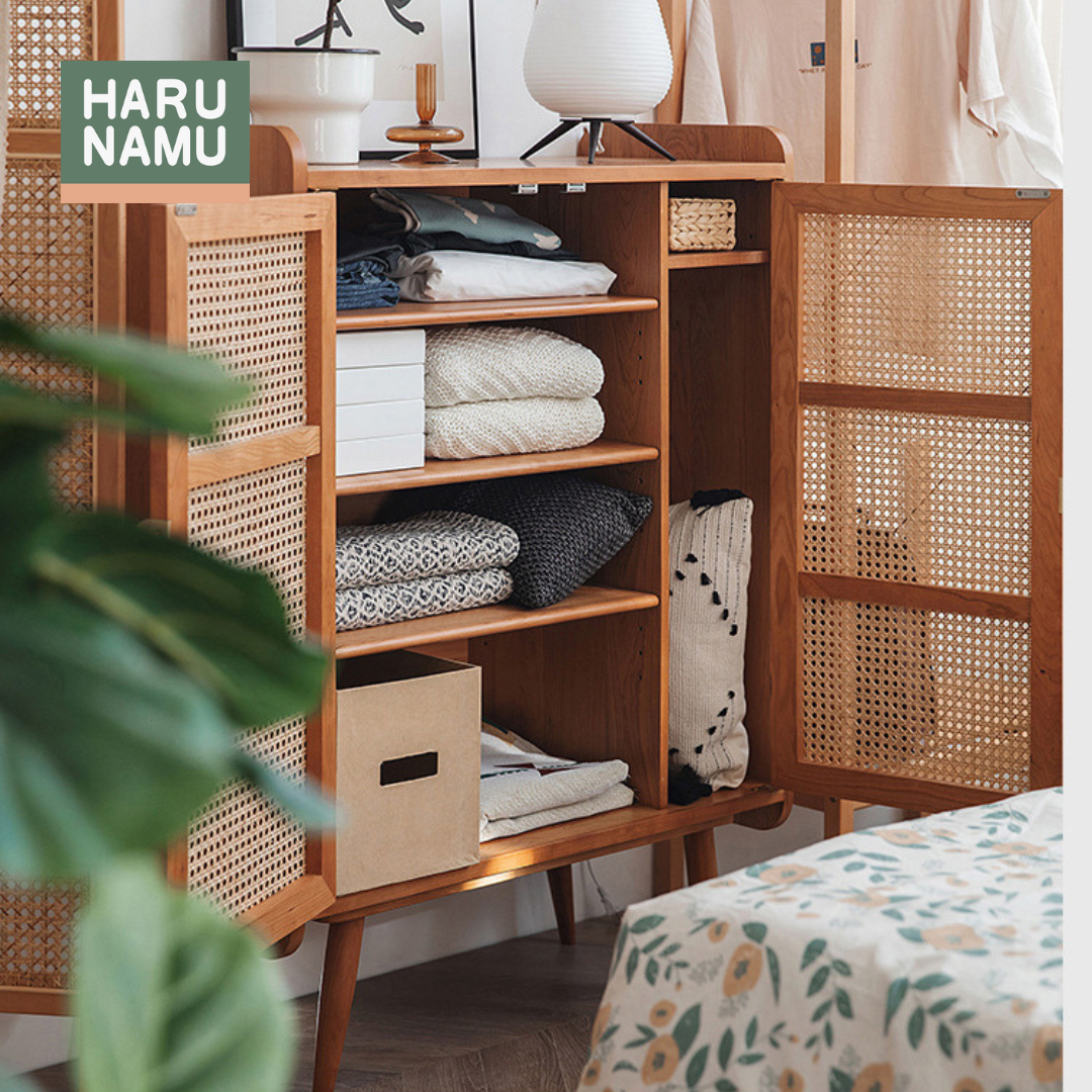 SATO Solid Wood and Rattan Side Cabinet