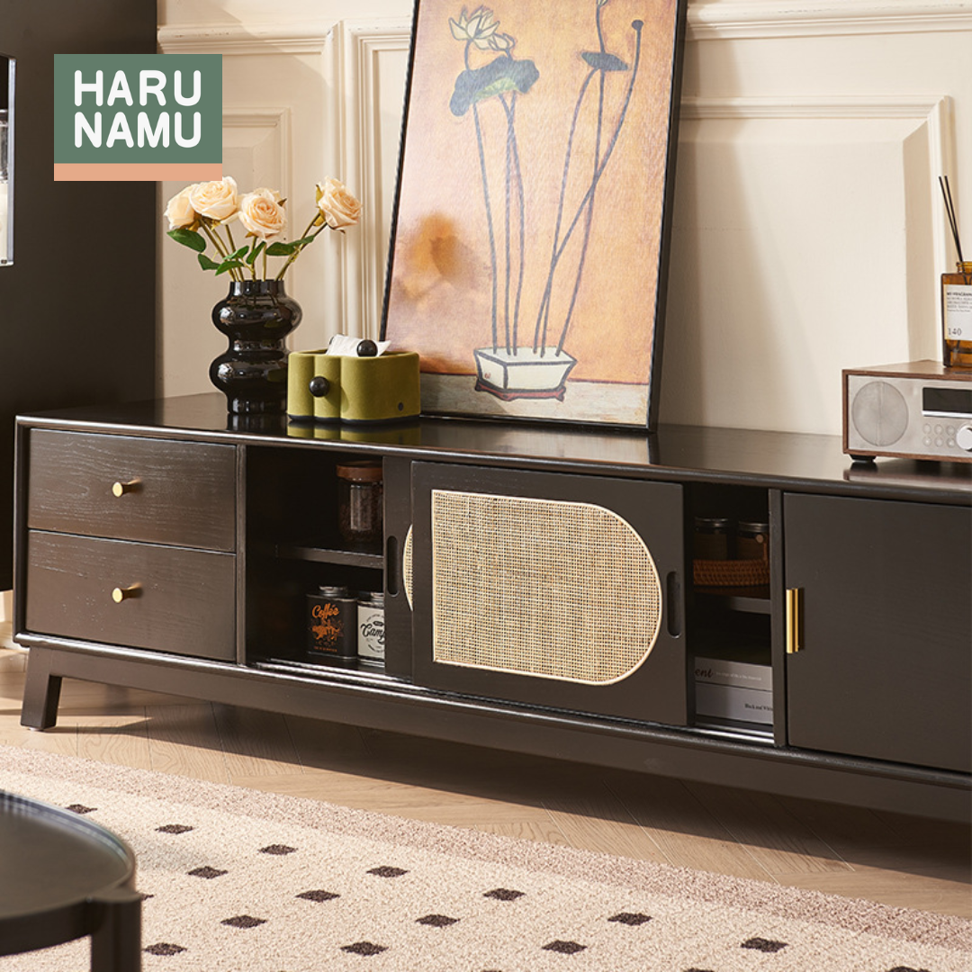 MIREI Ebony Black Solid Wood Rattan TV Console