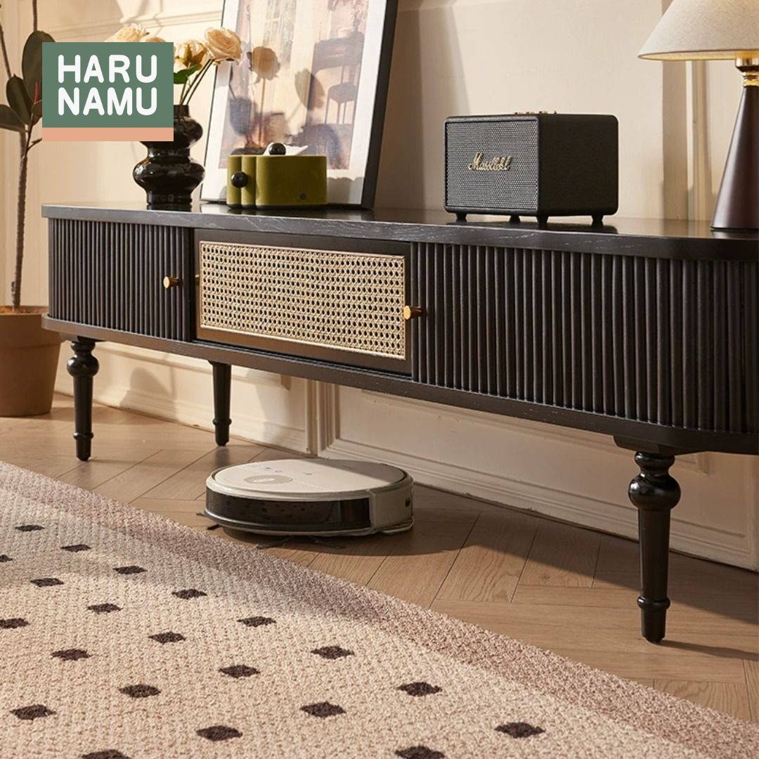 NAGOMI Ebony Black Rattan Solid Wood TV Console
