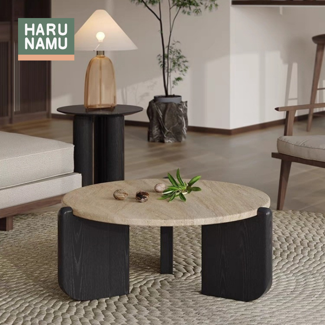 AKITO Round Solid Wood Travertine Coffee Table