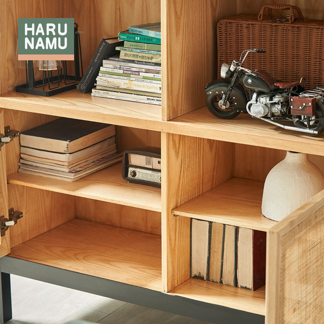 KAZUHIRO Ebony Black Rattan Solid Wood Bookshelf
