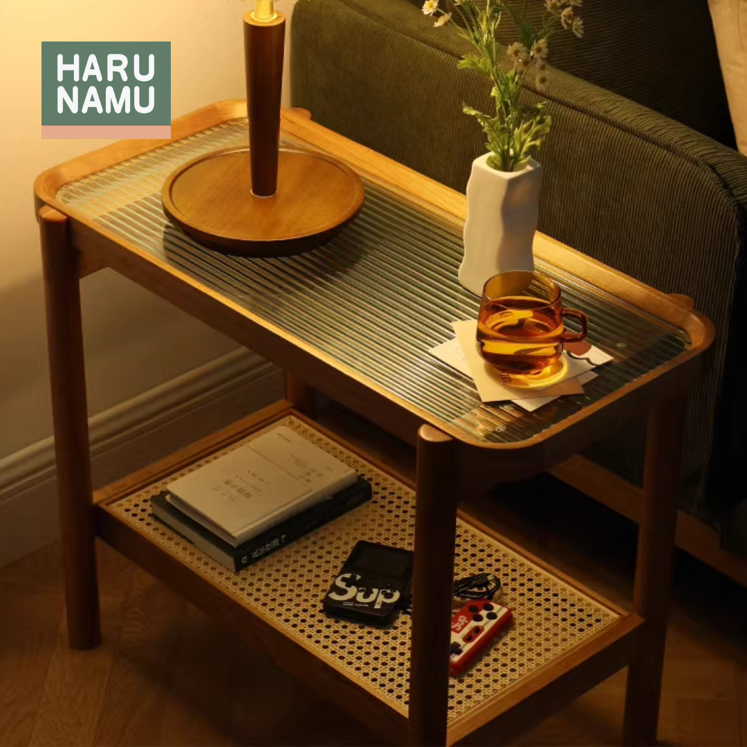 YORI Solid Wood Fluted Glass Side Table