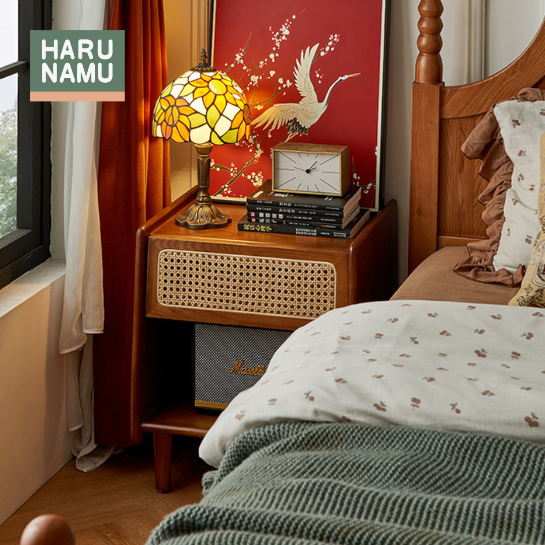 MAHIRO Solid Wood Rattan Nightstand