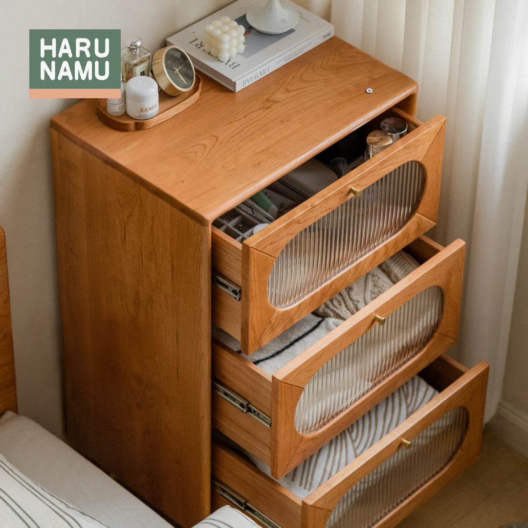 EMICA Solid Wood Fluted Glass Chest of 3 Drawers