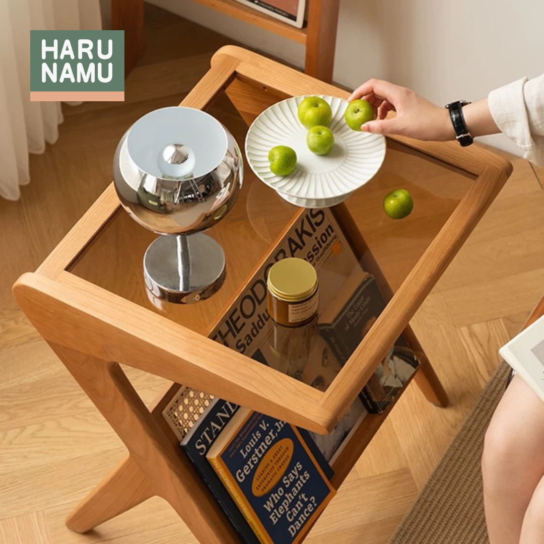 KIOI Solid Wood Glass Side Table