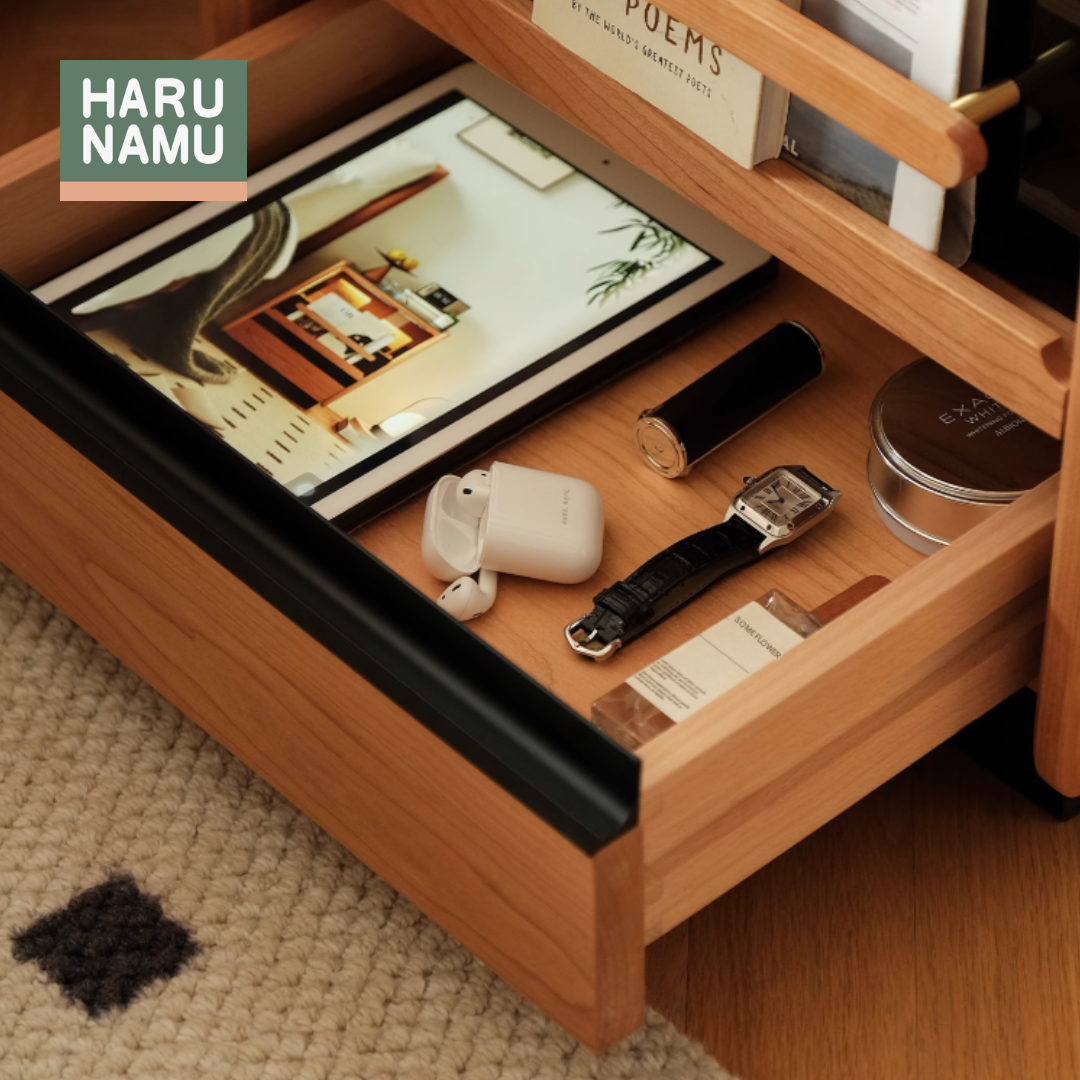 YASUSHI Solid Wood Tinted Glass Bedside Cabinet