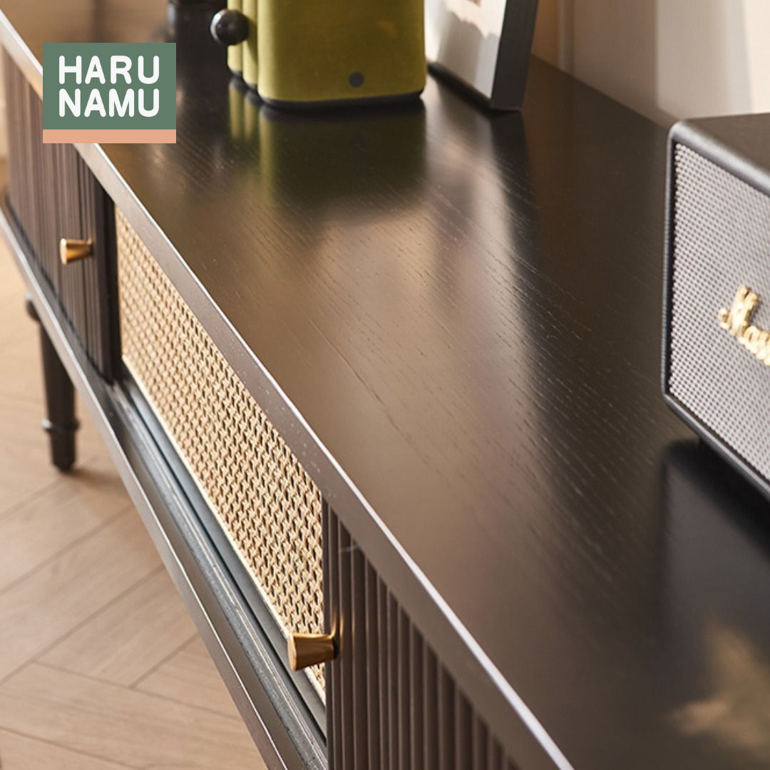 NAGOMI Ebony Black Rattan Solid Wood TV Console