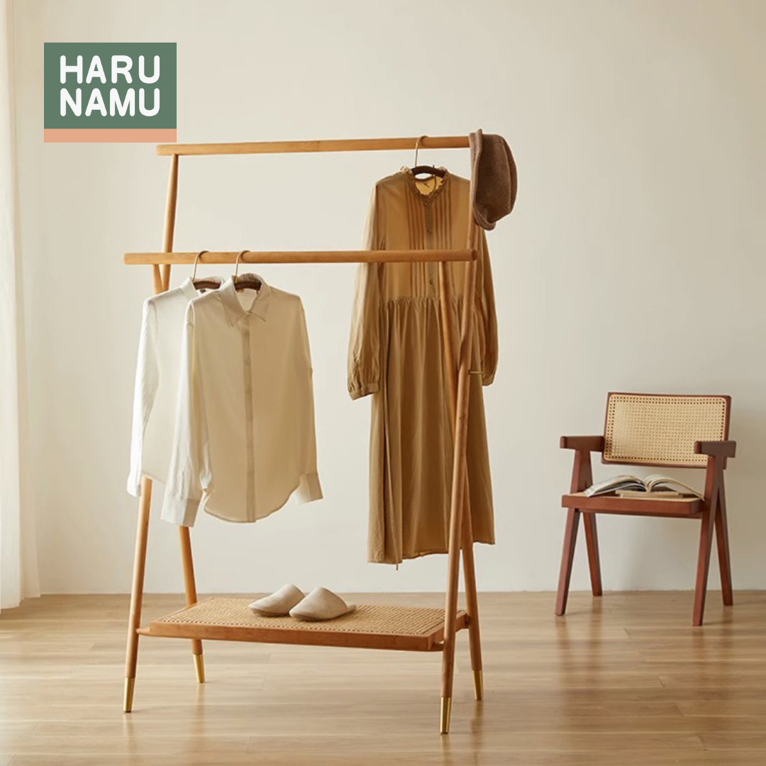 KOUJI Dual Height Solid Wood Foldable Clothes Rack