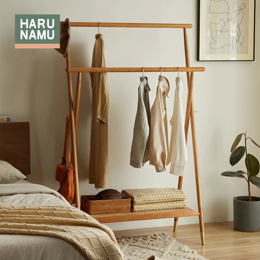 KOUJI Dual Height Solid Wood Foldable Clothes Rack