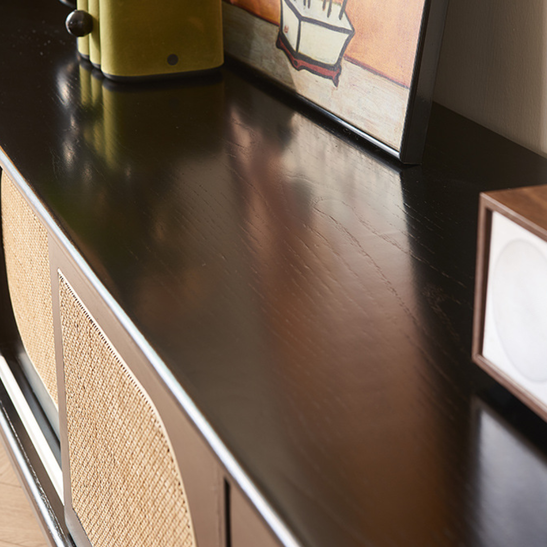 MIREI Ebony Black Solid Wood Rattan TV Console