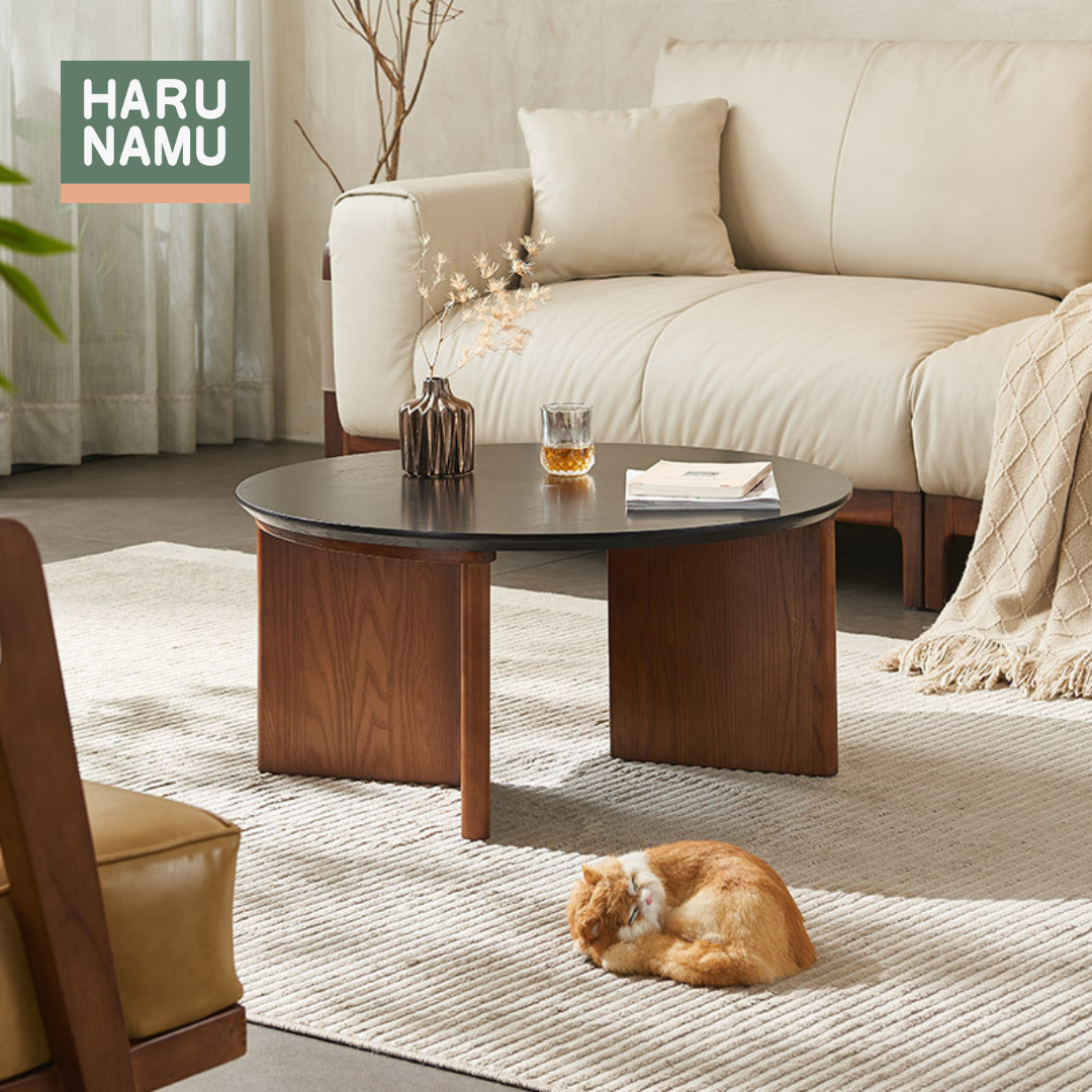 AKITO Round Solid Wood Black Stone Coffee Table