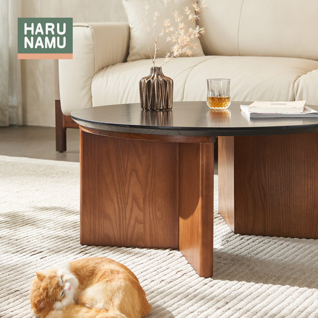 AKITO Round Solid Wood Black Stone Coffee Table