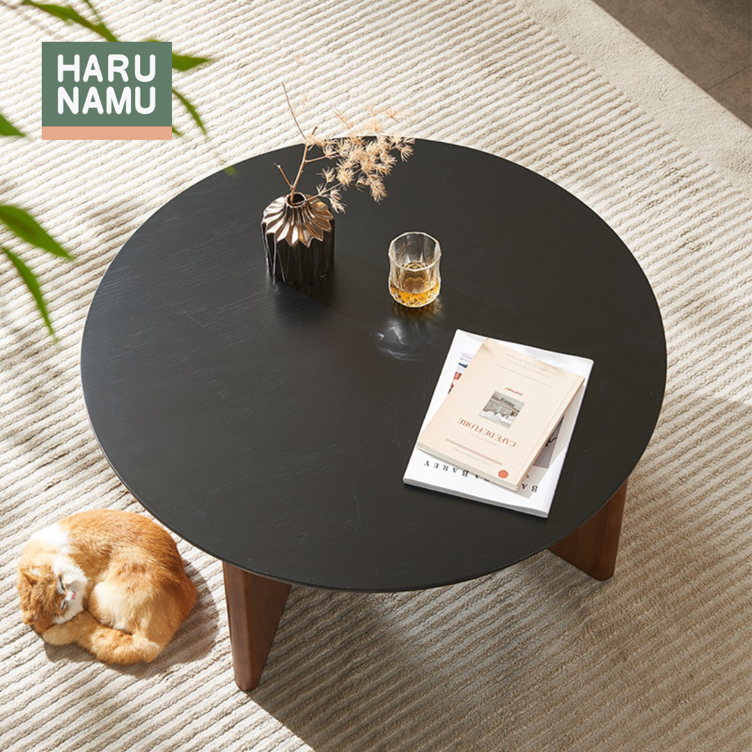 AKITO Round Solid Wood Black Stone Coffee Table