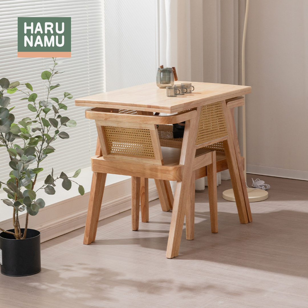 KOHARU Space-saving Solid Wood Rattan Dining Table and Chair Set