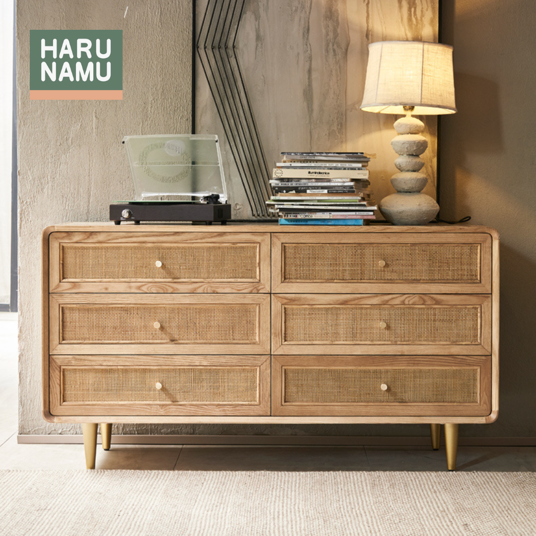 YUMA Solid Wood Rattan Chest of Drawers