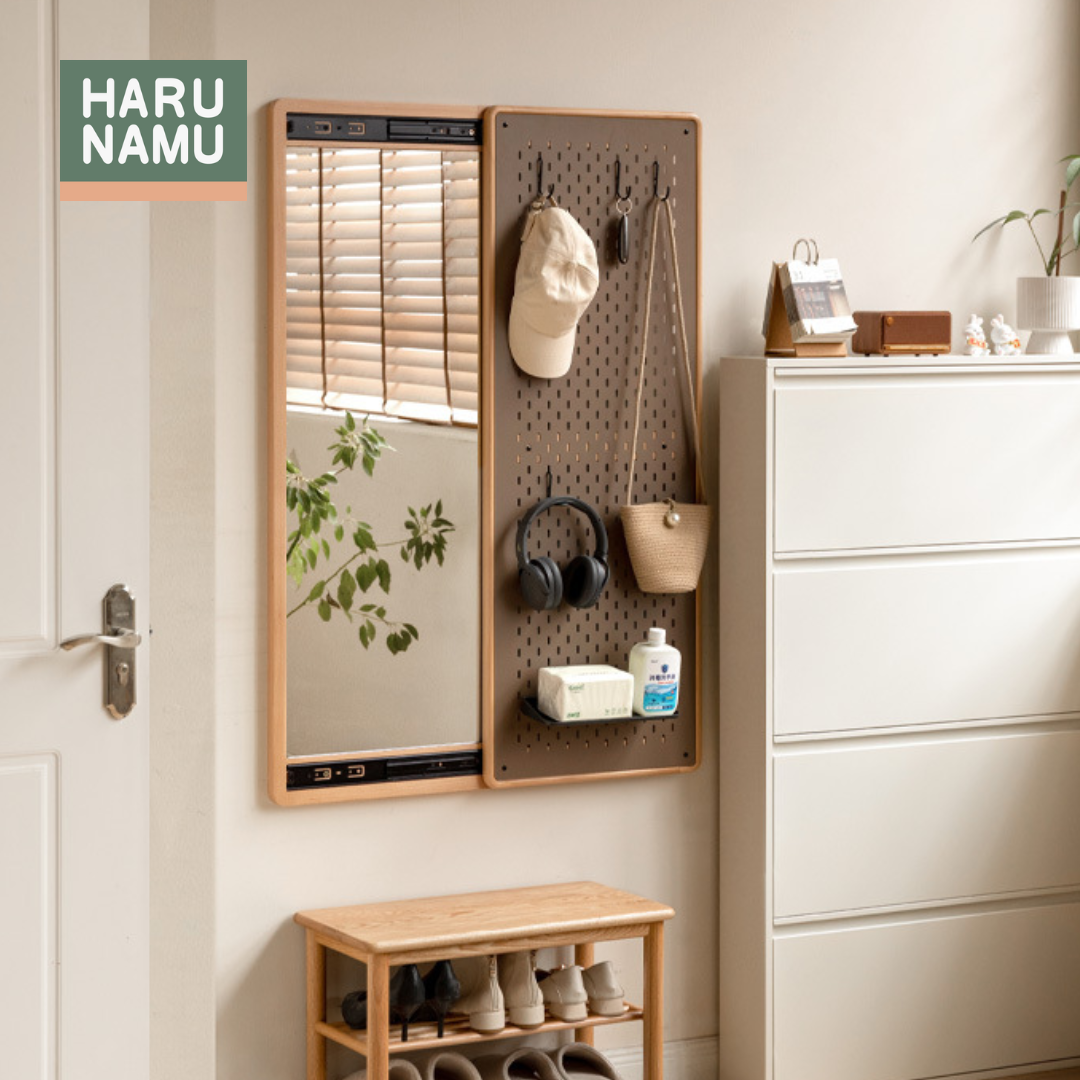 WAKUMI Solid Wood Sliding Pegboard Mirror