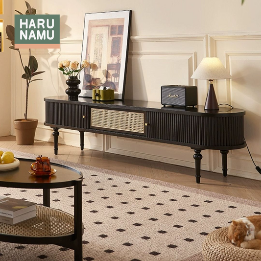 NAGOMI Ebony Black Rattan Solid Wood TV Console