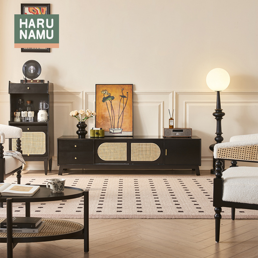 MIREI Ebony Black Solid Wood Rattan TV Console