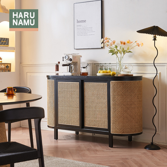 RENJI Ebony Black Rattan Solid Wood Sideboard