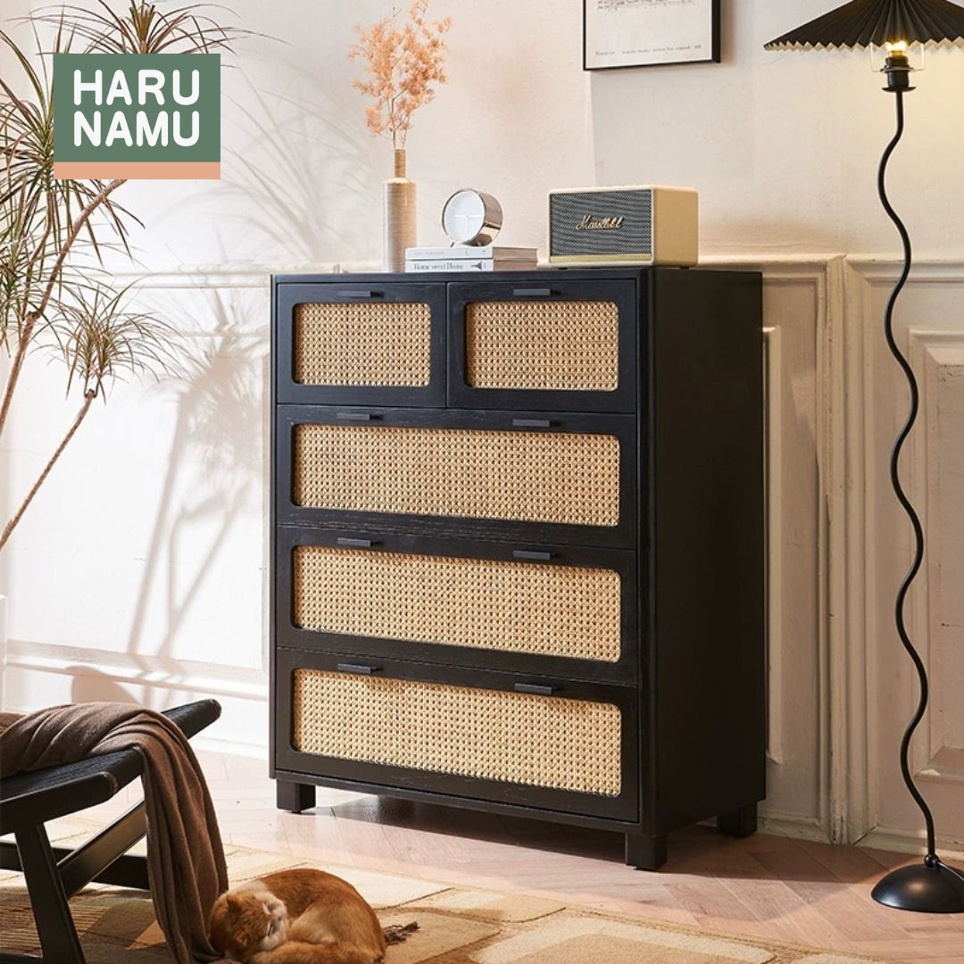 NOZOMU Ebony Black Rattan Solid Wood Chest Drawer