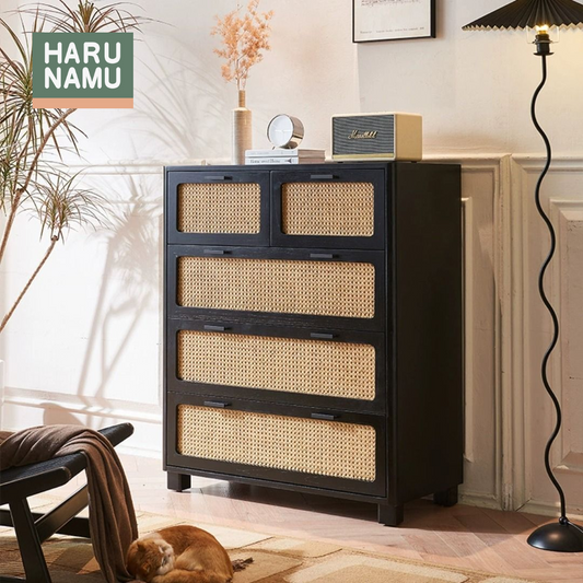 NOZOMU Ebony Black Rattan Solid Wood Chest Drawer