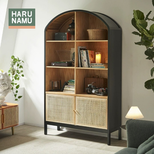 KAZUHIRO Ebony Black Rattan Solid Wood Bookshelf