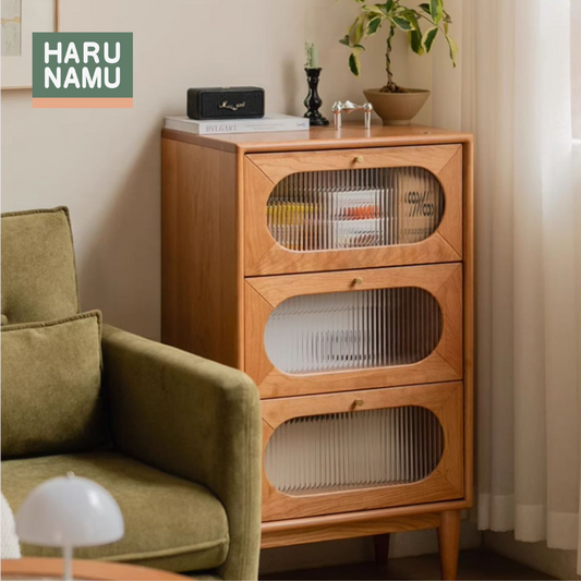 EMICA Solid Wood Fluted Glass Chest of 3 Drawers