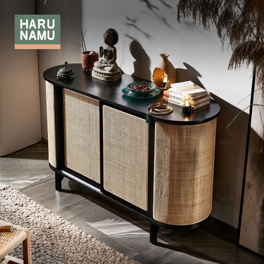 RENJI Ebony Black Rattan Solid Wood Sideboard