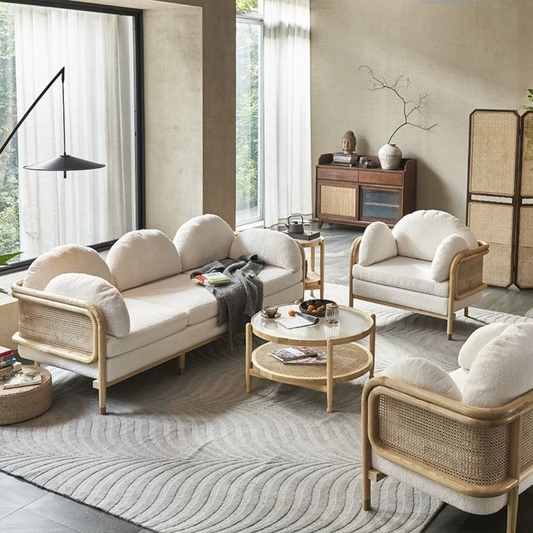 MIYUKI Solid Wood Rattan Sofa