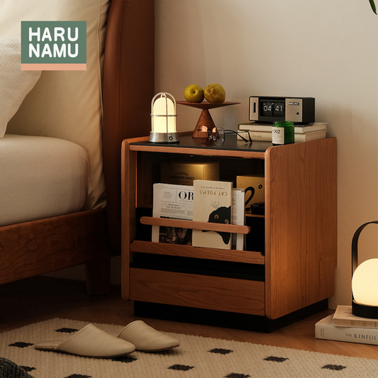 YASUSHI Solid Wood Tinted Glass Bedside Cabinet