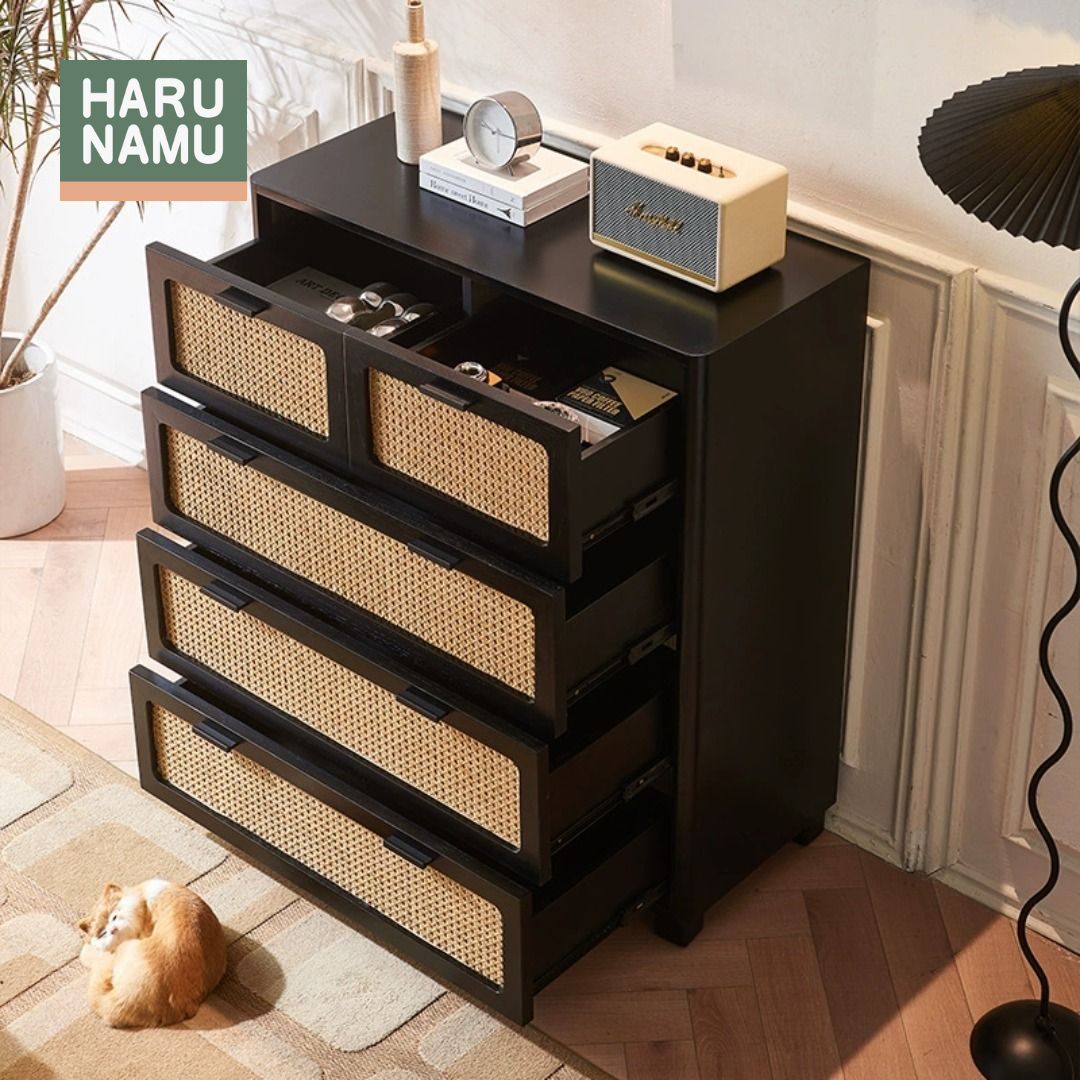 NOZOMU Ebony Black Rattan Solid Wood Chest Drawer