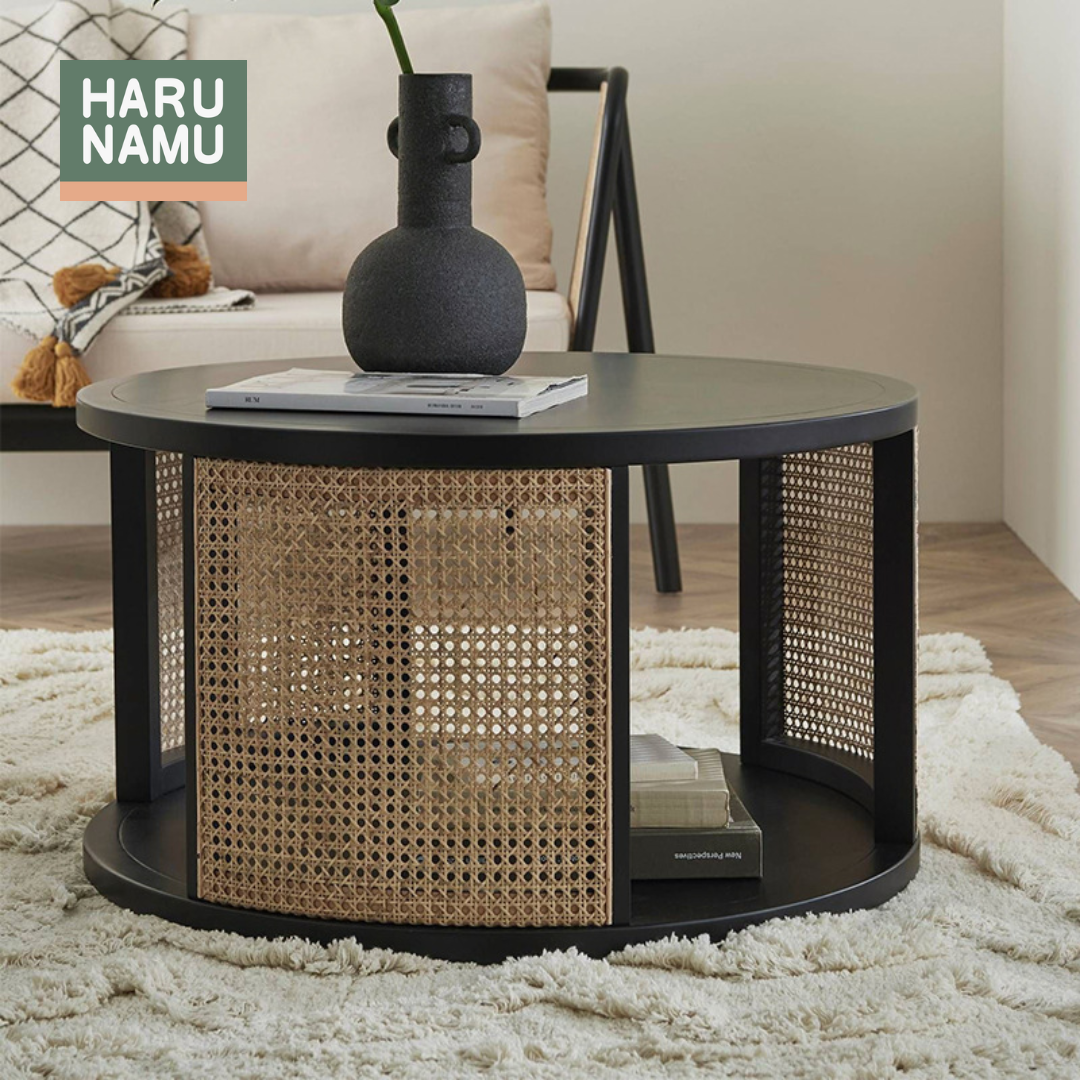 YUMEKO Round Rattan Solid Wood Coffee Table