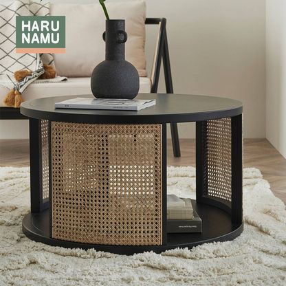 YUMEKO Round Rattan Solid Wood Coffee Table
