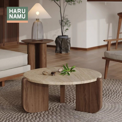 AKITO Round Solid Wood Travertine Coffee Table