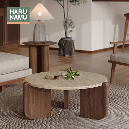 AKITO Round Solid Wood Travertine Coffee Table
